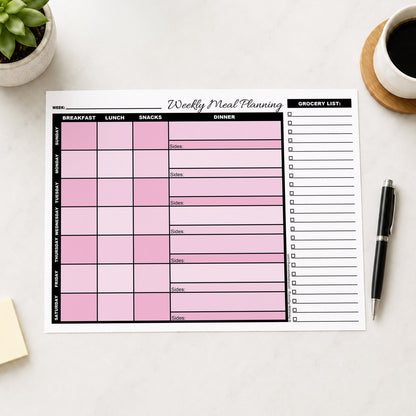 A printed Pink Weekly Meal Planner with Grocery List (printable page) shown on a desk with a plant, sticky notes, coffee, and a pen.