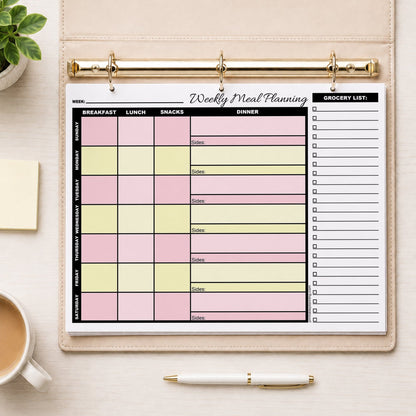 A printed Pink Yellow Weekly Meal Planner with Grocery List (printable page) in a beige ring binder, styled on a light wood desk with a coffee cup, sticky notes, a pen, and a small plant.