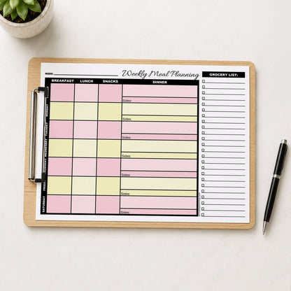A printed Pink Yellow Weekly Meal Planner with Grocery List (printable) page displayed on a wooden clipboard, styled on a light table surface with a small potted succulent in the top-left corner and a black pen on the right.