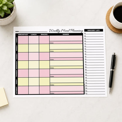 A printed Pink Yellow Weekly Meal Planner with Grocery List (printable) page displayed on a light table surface, surrounded by lifestyle props including a potted succulent, a cup of coffee, and a black pen.