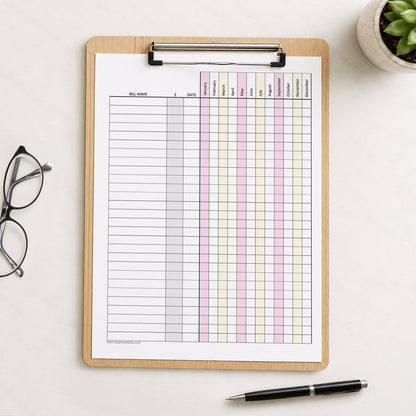 Pink Yellow Yearly Bill Payment Tracker with Amount Column (printable page) shown on a wooden clipboard on a desk with a plant, glasses, and a pen.