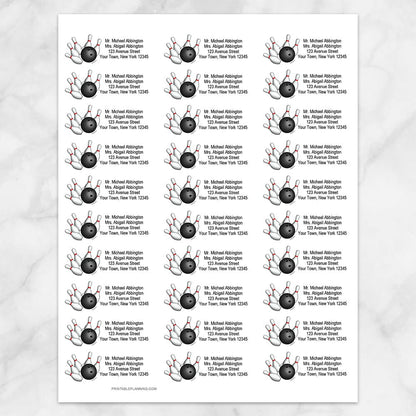 Printable Pins and Ball Bowling Address Labels at Printable Planning. Sheet of 30 labels.
