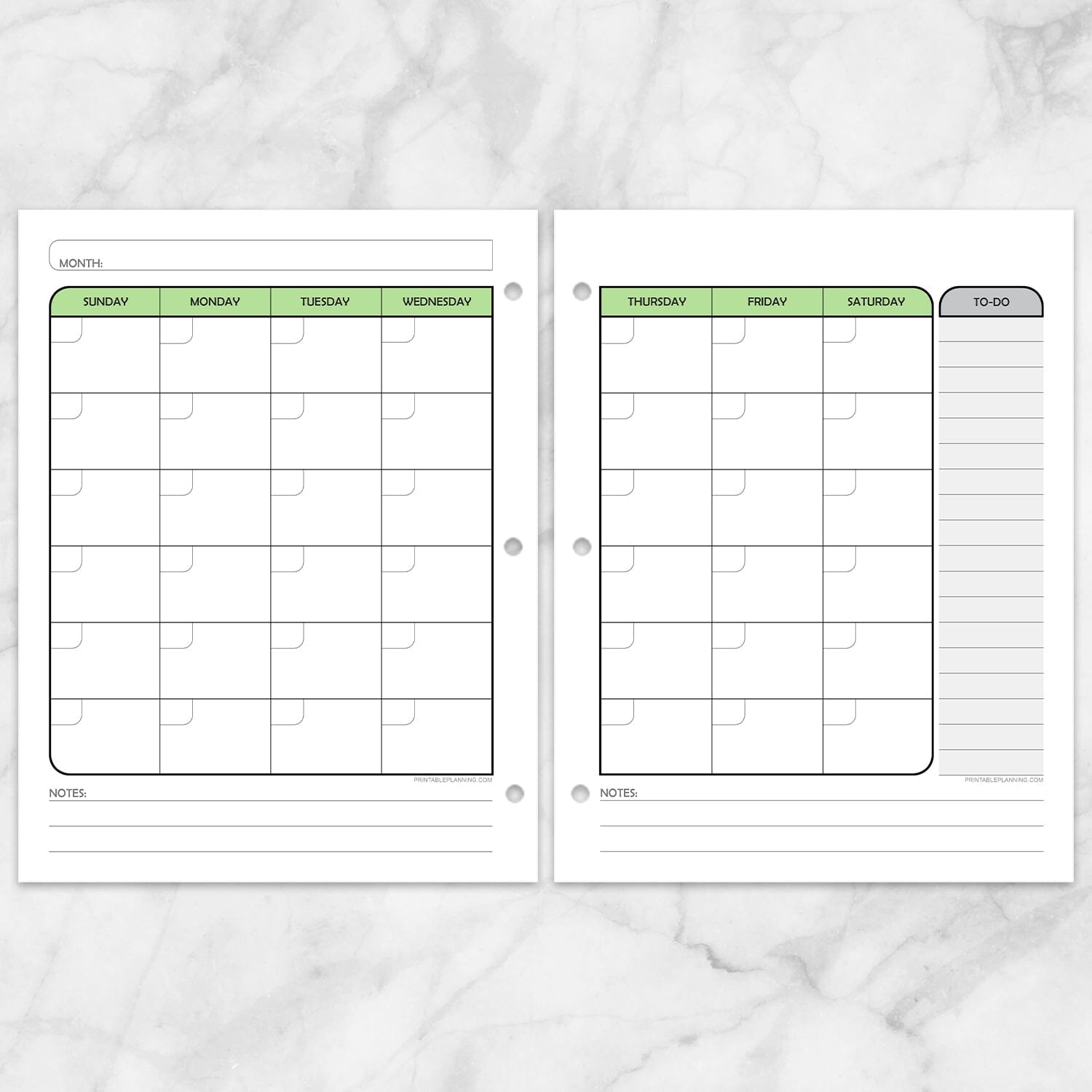 Printable Green Monthly Calendar Planner Pages (left and right) at Printable Planning.