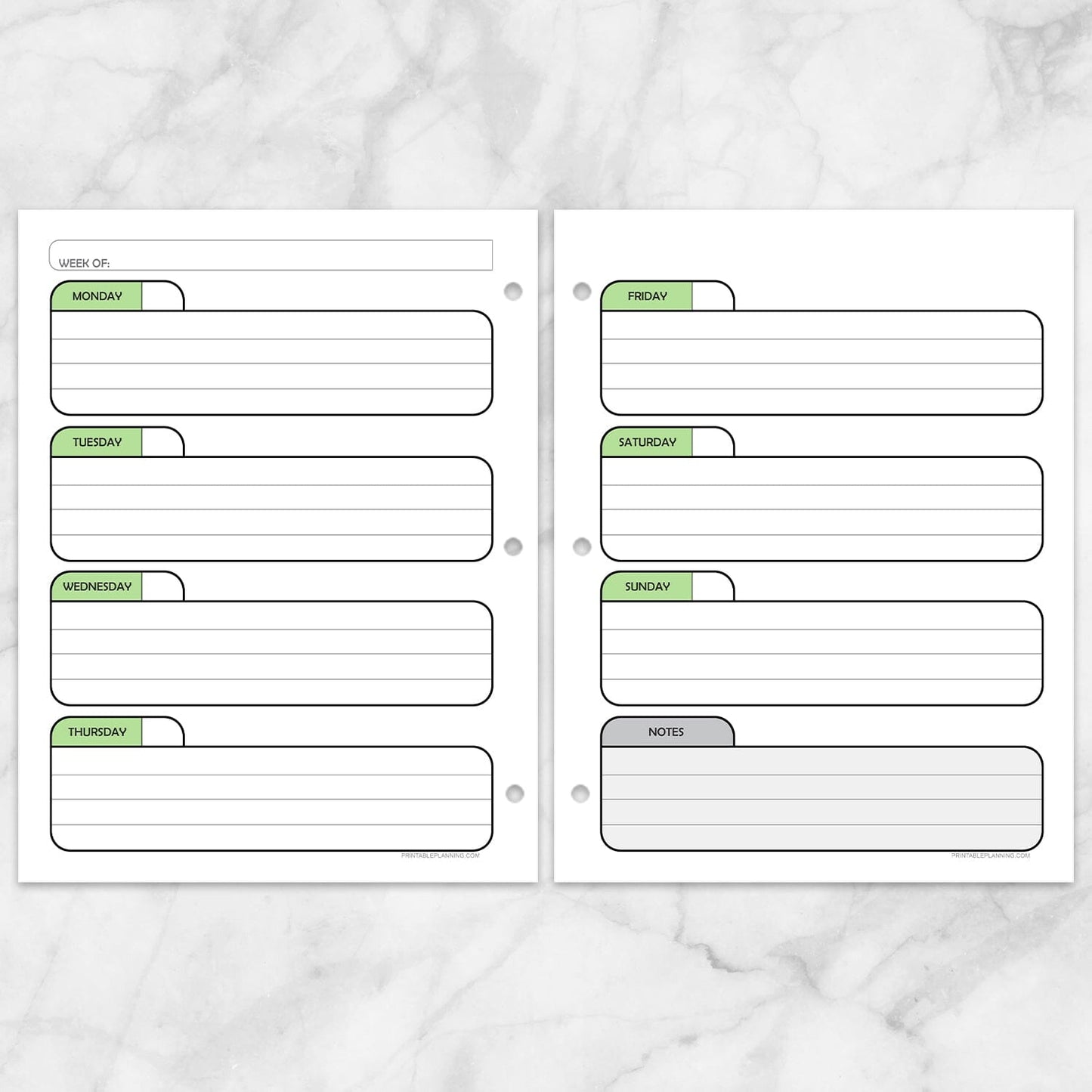 Printable Green Weekly Calendar Planner Pages (left and right) at Printable Planning.