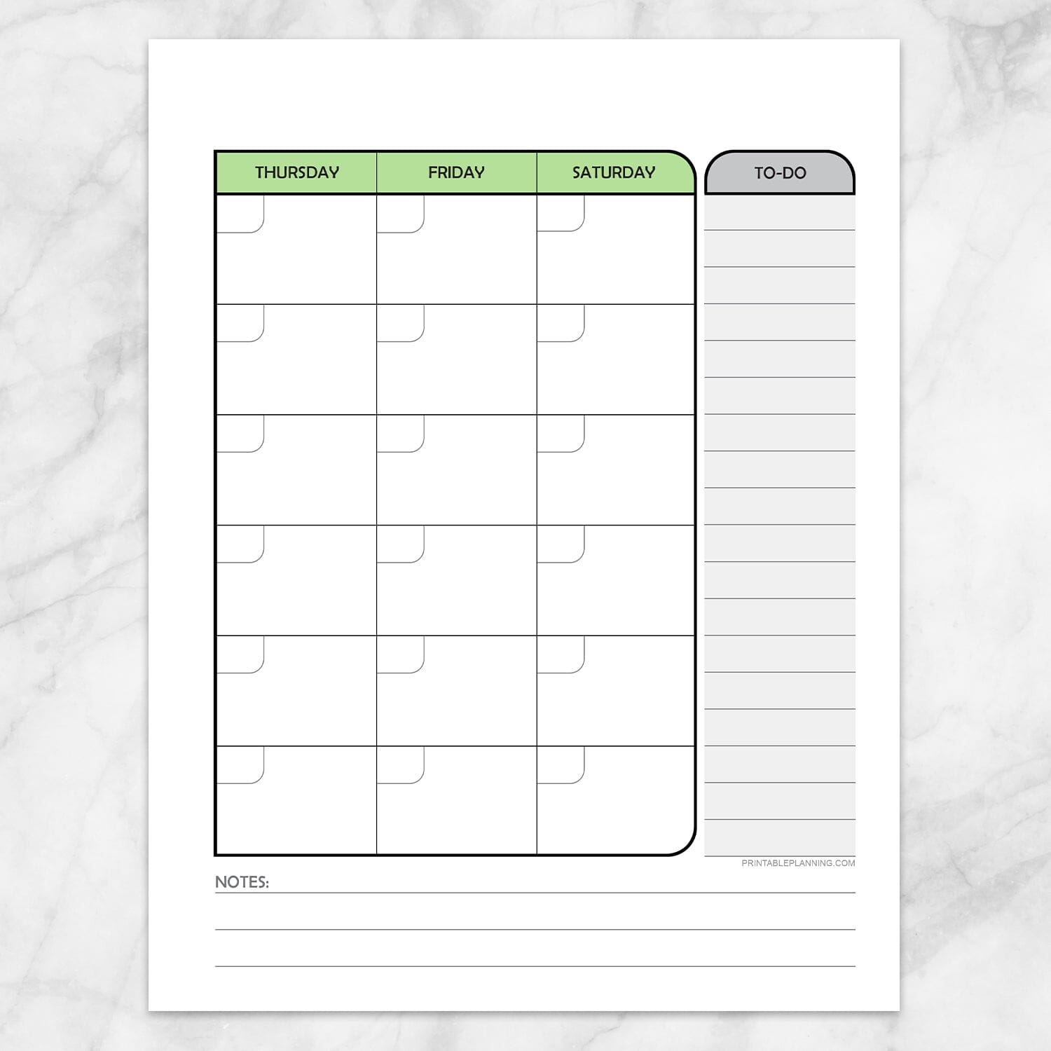 Printable Green Monthly Calendar Planner Page (right page) at Printable Planning.