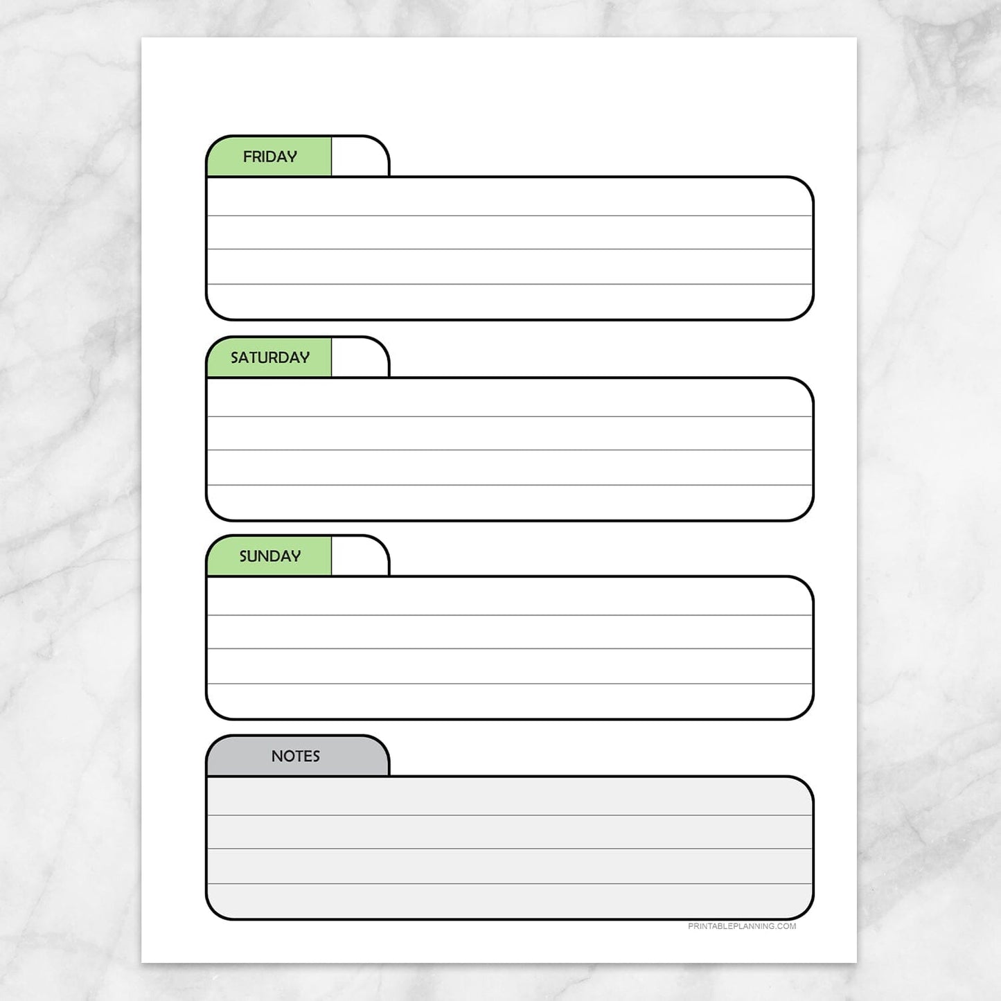 Printable Green Weekly Calendar Planner Page (right page) at Printable Planning.