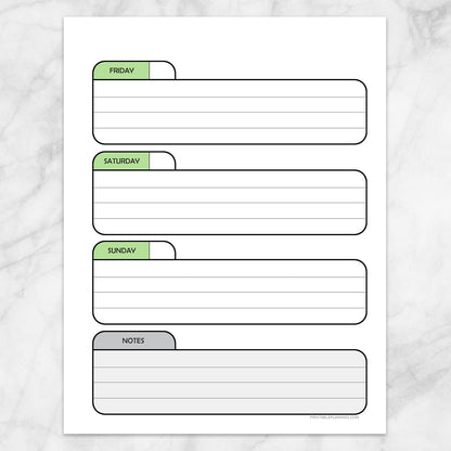 Printable Green Weekly Calendar Planner Page (right page) at Printable Planning.