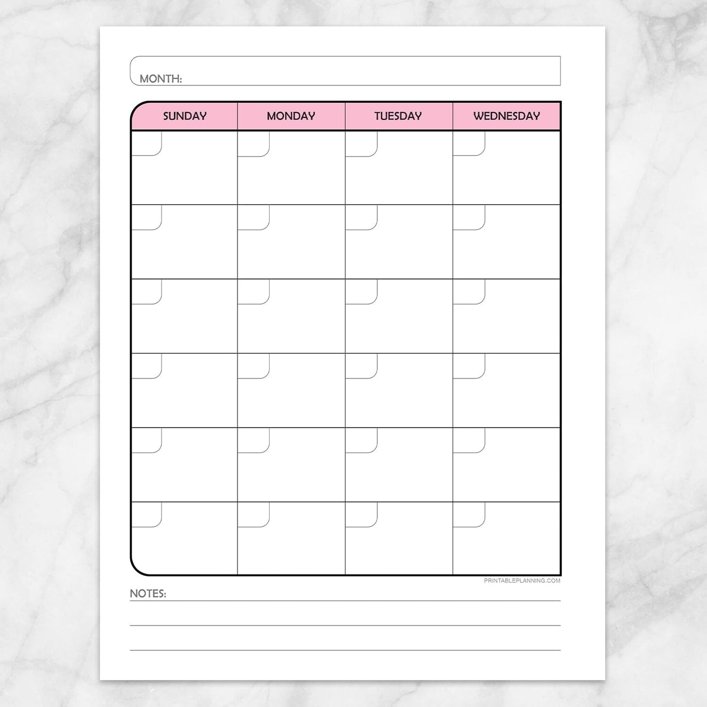 Printable Pink Monthly Calendar Planner Page (left page) at Printable Planning.