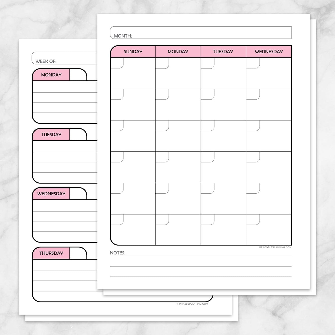 Pink Monthly and Weekly Calendar Planner Pages - Printable at Printable ...