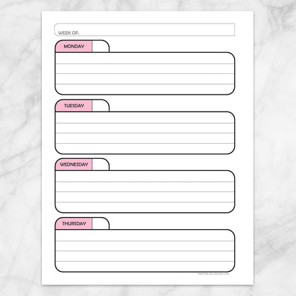 Printable Pink Weekly Calendar Planner Page (left page) at Printable Planning.