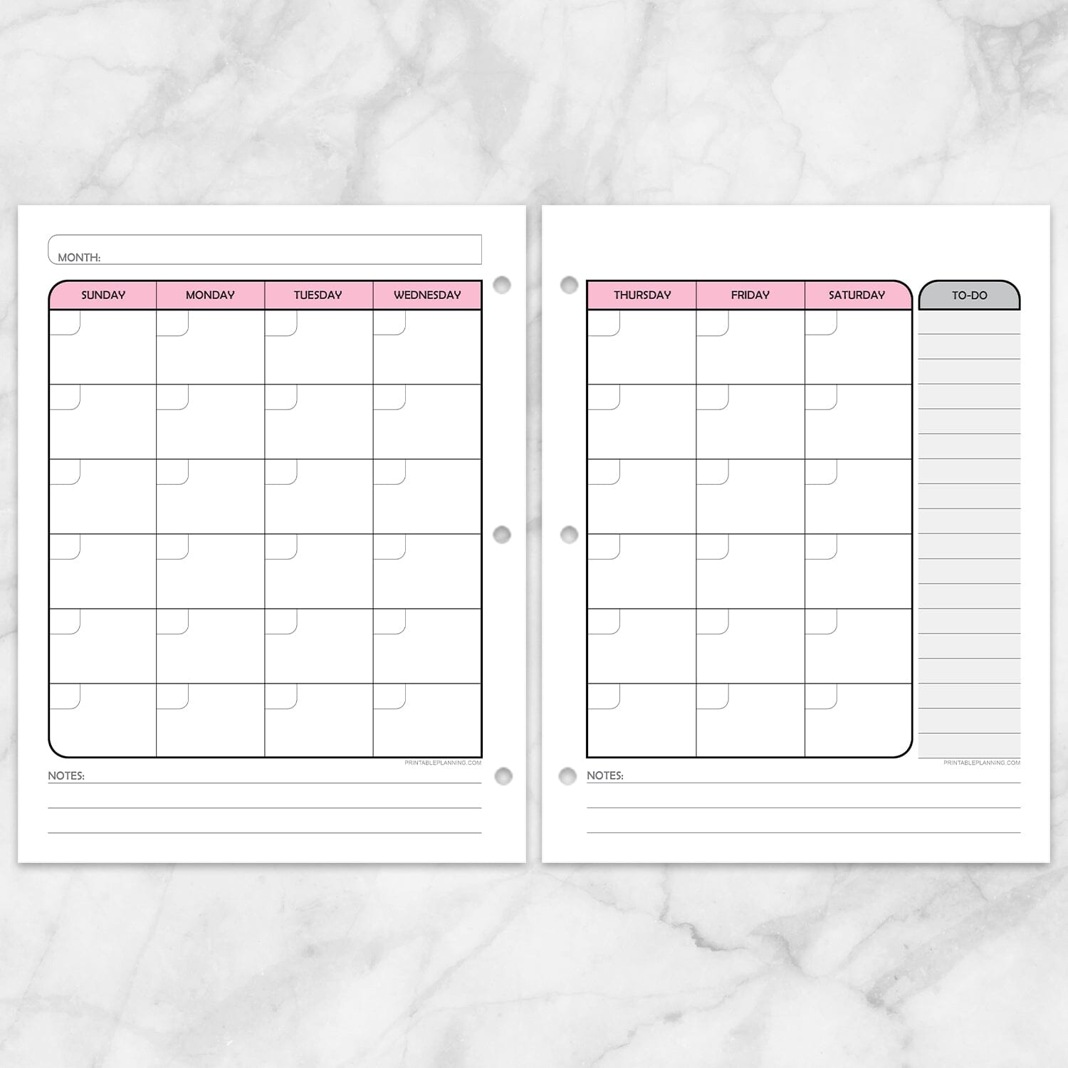 Printable Pink Monthly Calendar Planner Pages (left and right) at Printable Planning.
