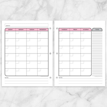 Printable Pink Monthly Calendar Planner Pages (left and right) at Printable Planning.