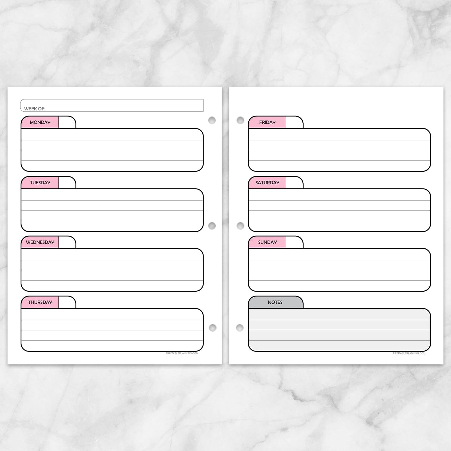 Printable Pink Weekly Calendar Planner Pages (left and right) at Printable Planning.