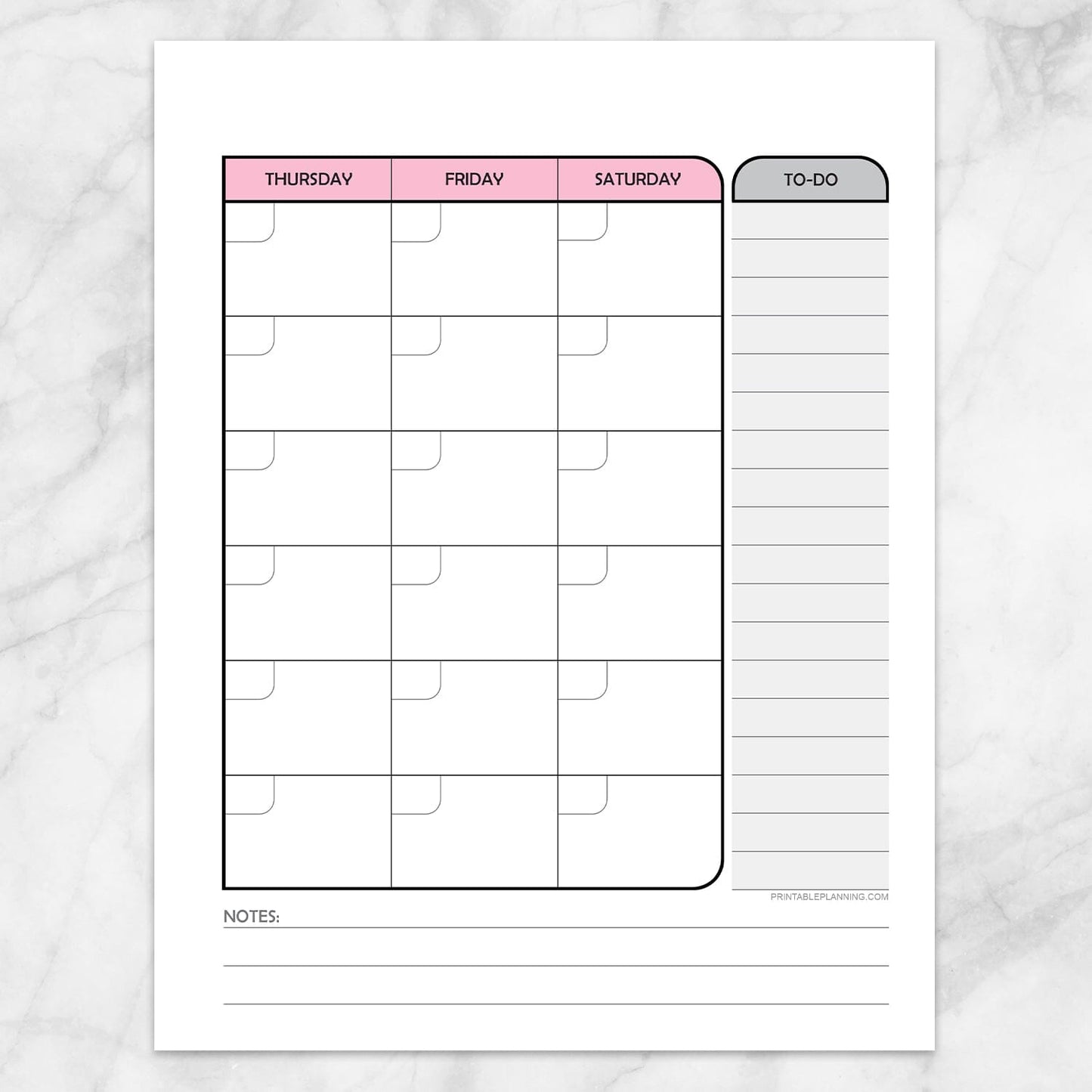 Printable Pink Monthly Calendar Planner Page (right page) at Printable Planning.
