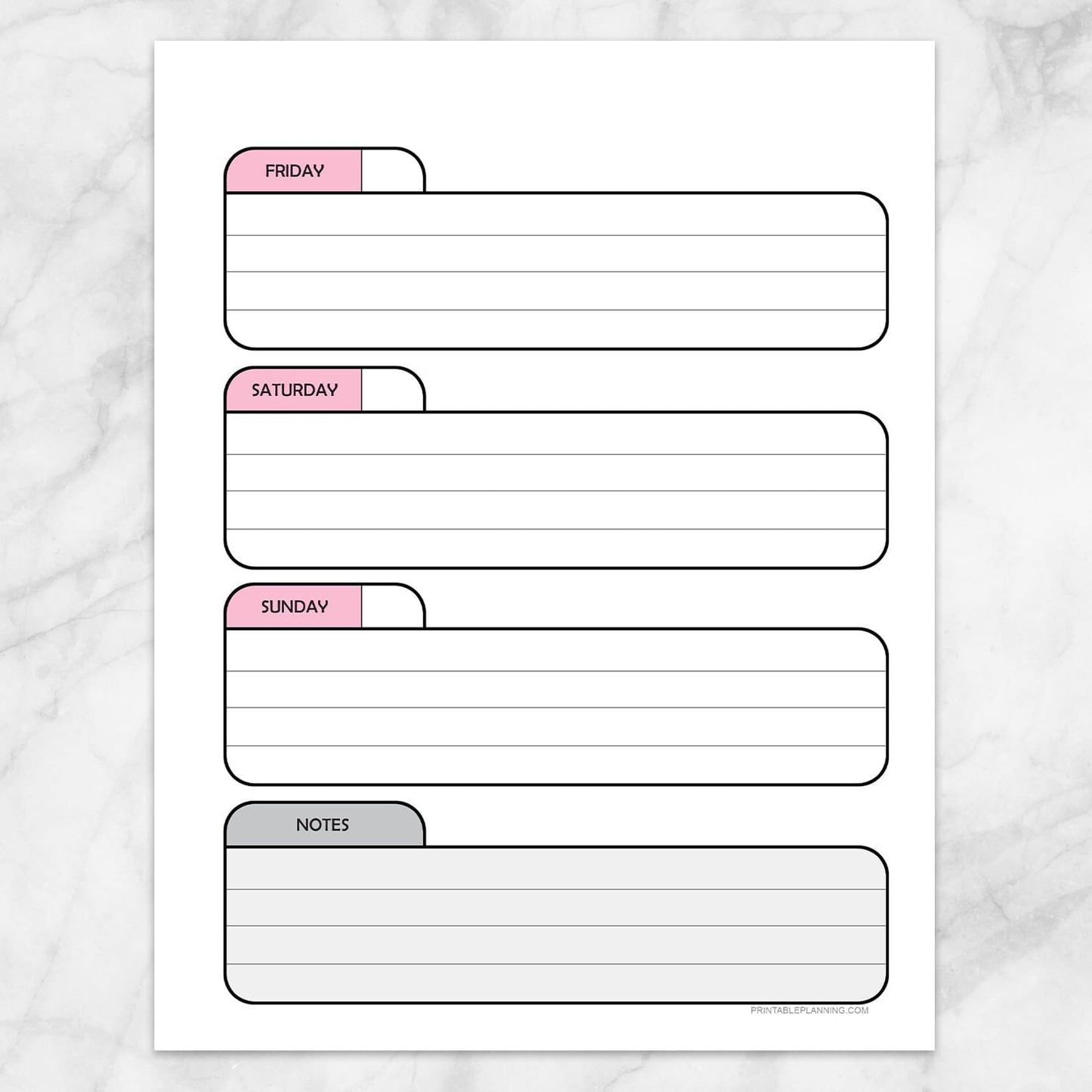 Printable Pink Weekly Calendar Planner Page (right page) at Printable Planning.