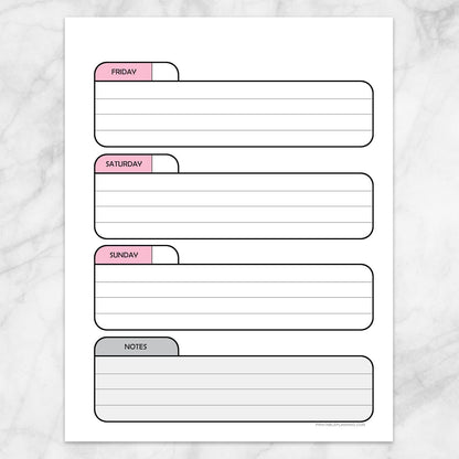 Printable Pink Weekly Calendar Planner Page (right page) at Printable Planning.