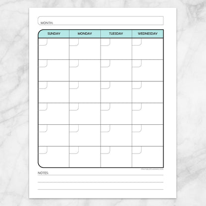 Printable Teal Monthly Calendar Planner Page (left page) at Printable Planning.