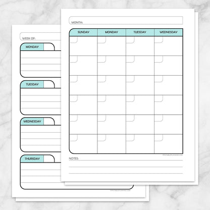 Printable Teal Monthly and Weekly Calendar Planner Pages at Printable Planning.