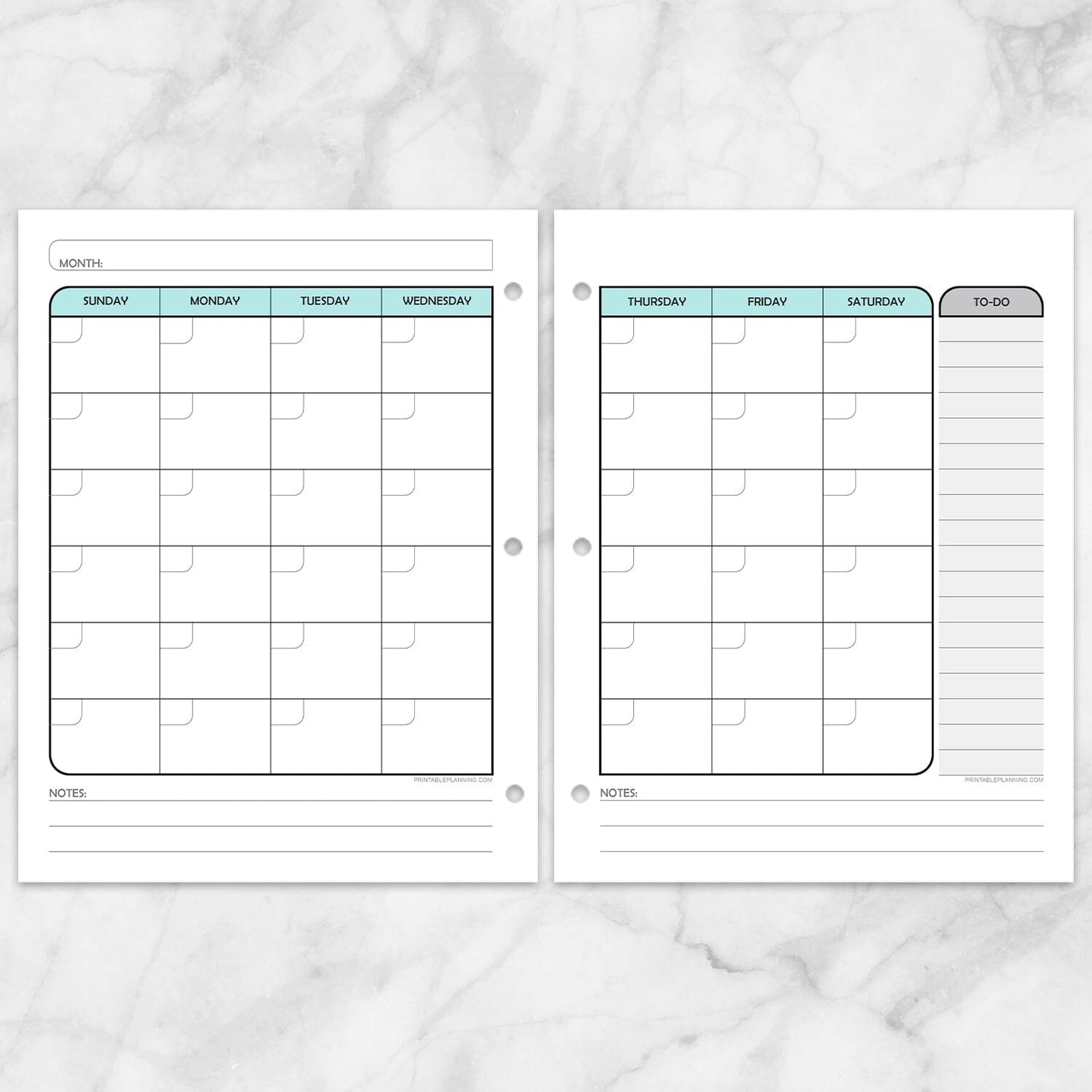 Printable Teal Monthly Calendar Planner Pages (left and right) at Printable Planning.