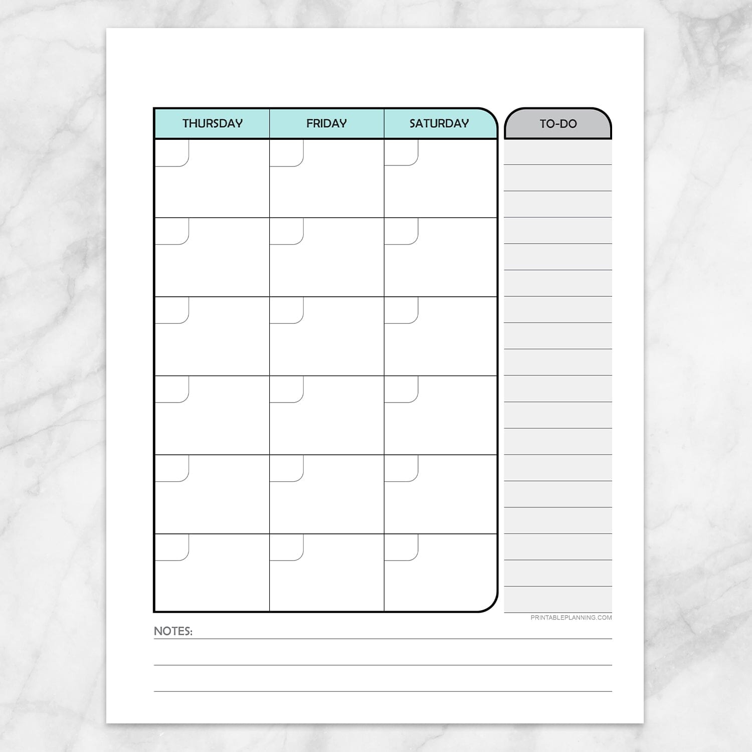 Printable Teal Monthly Calendar Planner Page (right page) at Printable Planning.
