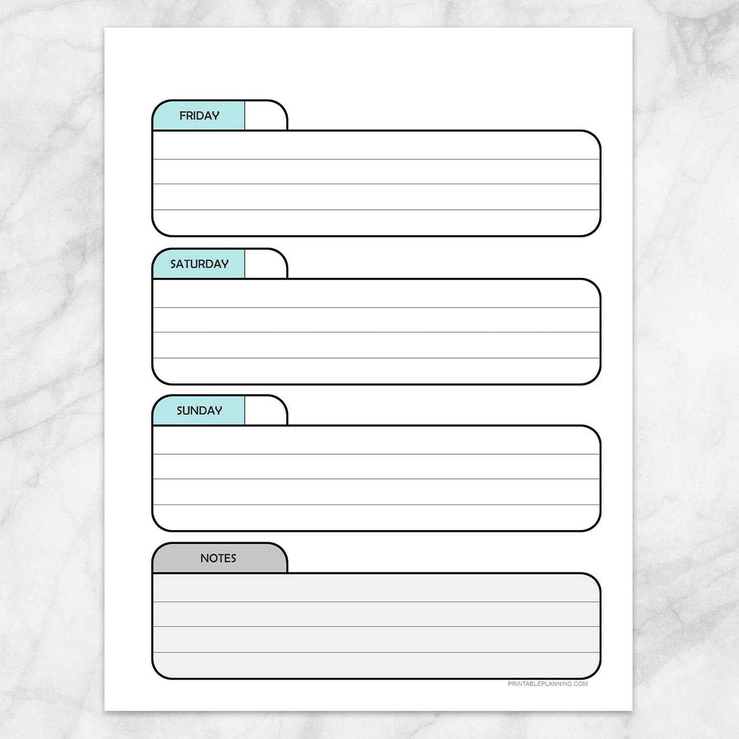 Printable Teal Weekly Calendar Planner Page (right page) at Printable Planning.