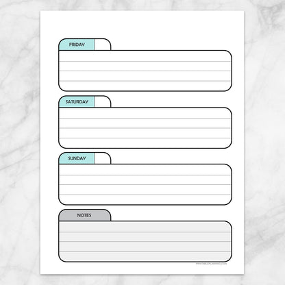 Printable Teal Weekly Calendar Planner Page (right page) at Printable Planning.