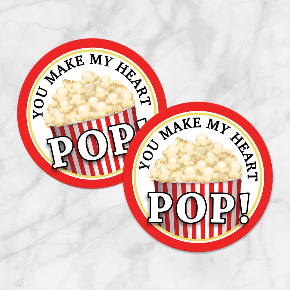 Printable Popcorn 2" Round "You Make My Heart Pop!" Favor Stickers at Printable Planning. Example of 2 stickers.