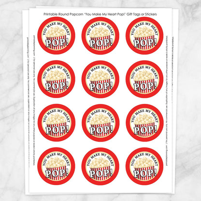 Printable Popcorn 2" Round "You Make My Heart Pop!" Favor Stickers at Printable Planning. Sheet of 12 stickers.