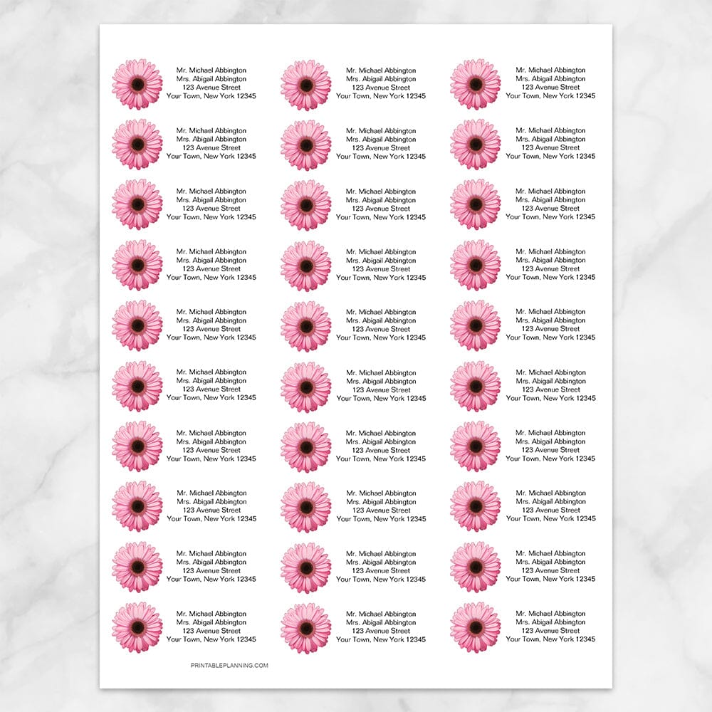Printable Pretty Personalized Pink Daisy Address Labels at Printable Planning. Sheet of 30 labels.