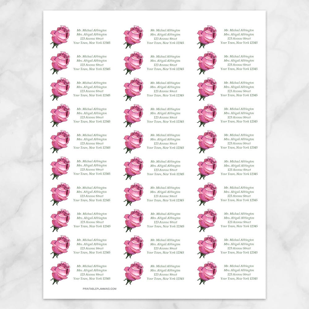 Printable Pretty Personalized Pink Rose Address Labels at Printable Planning. Sheet of 30 labels.