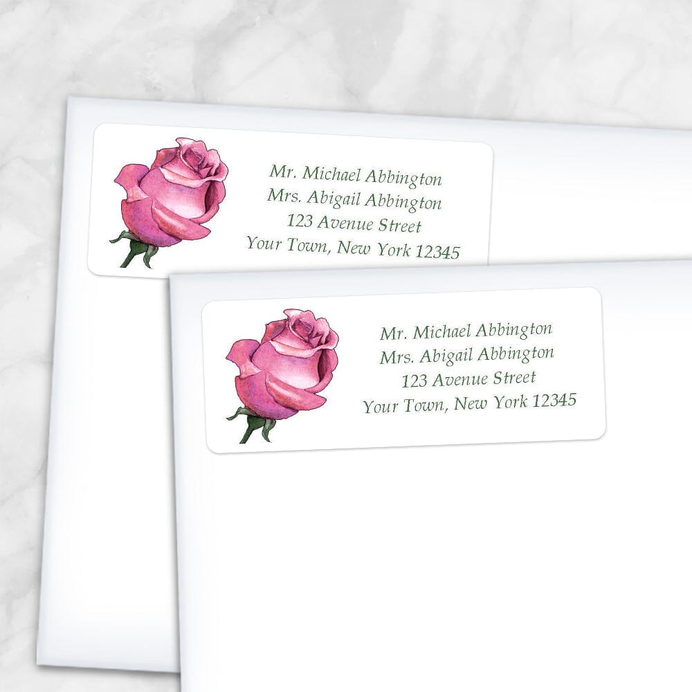 Printable Pretty Personalized Pink Rose Address Labels at Printable Planning. Shown on envelopes.