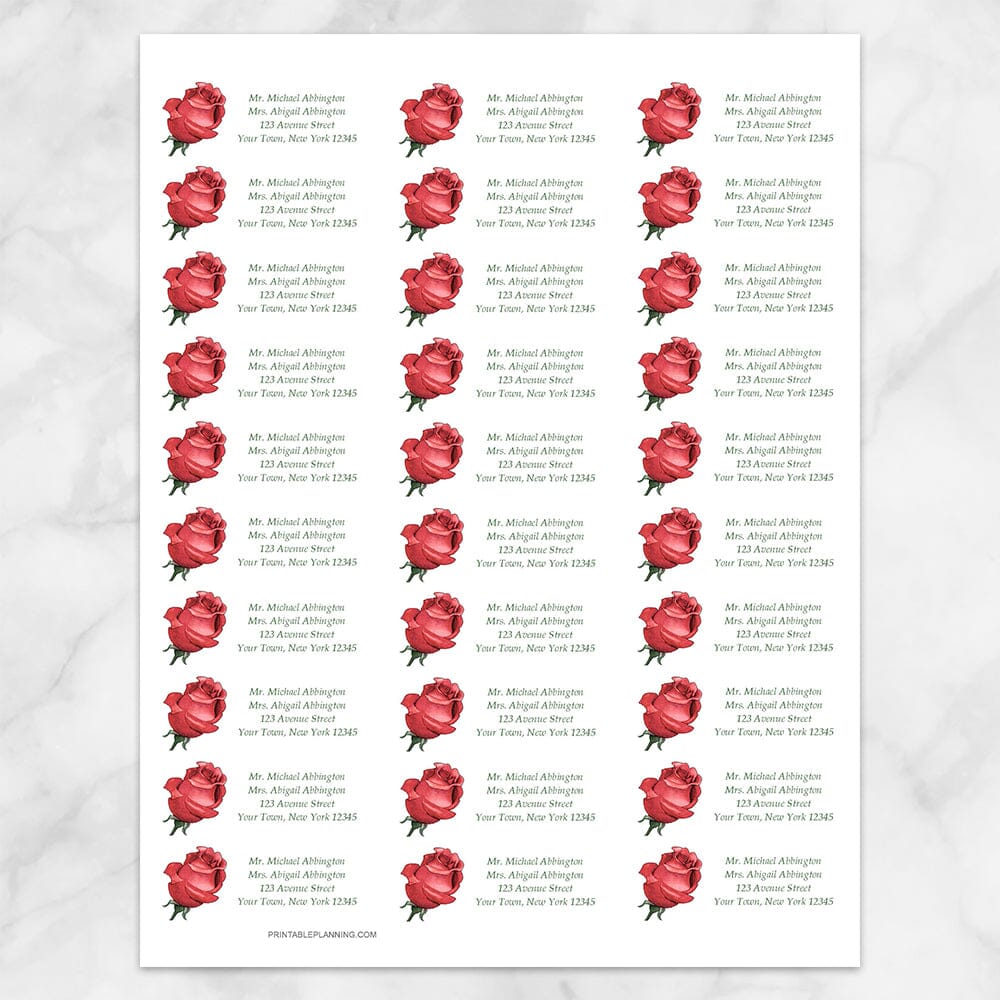 Printable Pretty Personalized Red Rose Address Labels at Printable Planning. Sheet of 30 labels.