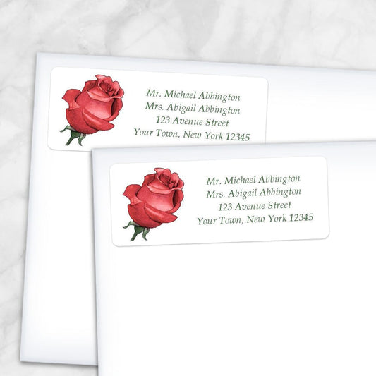 Printable Pretty Personalized Red Rose Address Labels at Printable Planning. Shown on envelopes.