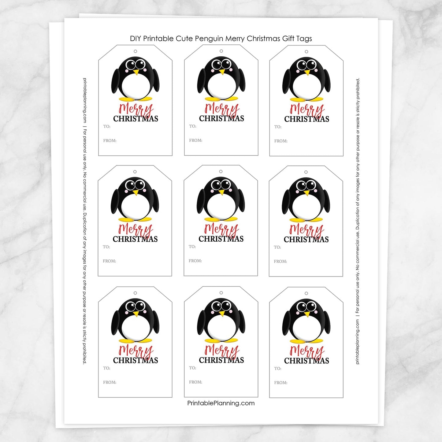 Printable Cute Penguin Merry Christmas Gift Tags at Printable Planning. Sheet of 9 gift tags.