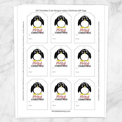 Printable Cute Penguin Merry Christmas Gift Tags at Printable Planning. Sheet of 9 gift tags.