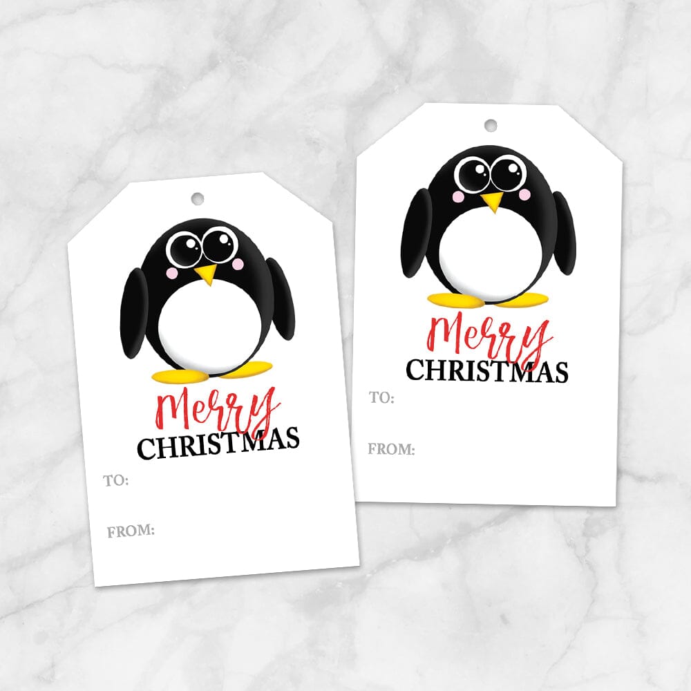 Printable Cute Penguin Merry Christmas Gift Tags at Printable Planning. Example of 2 gift tags.