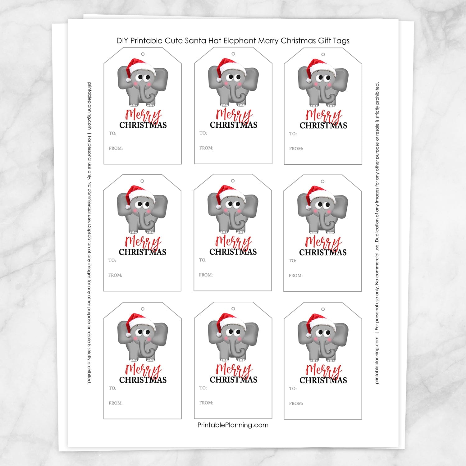 Printable Cute Santa Hat Elephant Merry Christmas Gift Tags at Printable Planning. Sheet of 9 gift tags.