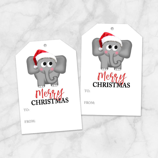 Printable Cute Santa Hat Elephant Merry Christmas Gift Tags at Printable Planning. Example of 2 gift tags.
