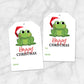 Printable Cute Santa Hat Frog Hoppy Christmas Gift Tags at Printable Planning. Example of 2 gift tags.