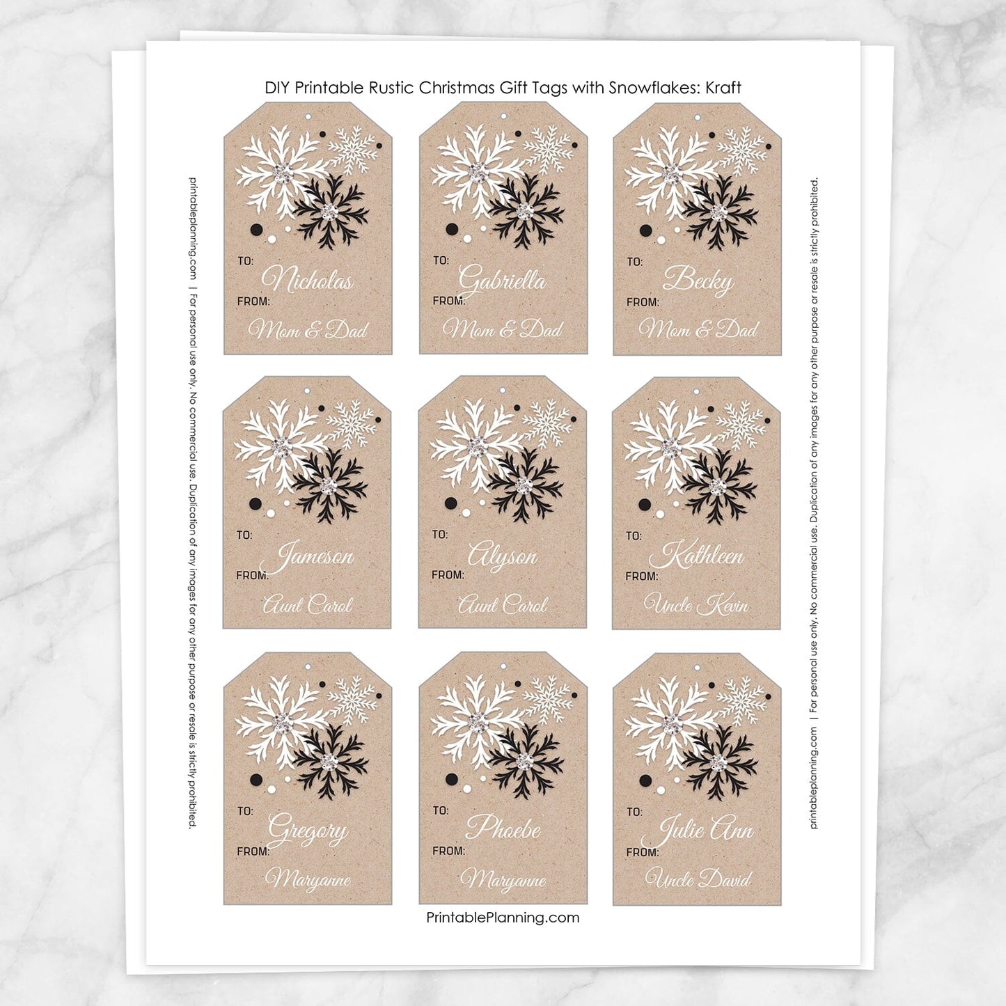 Printable Kraft design Black and White Christmas Gift Tags at Printable Planning. Sheet of 9 gift tags.