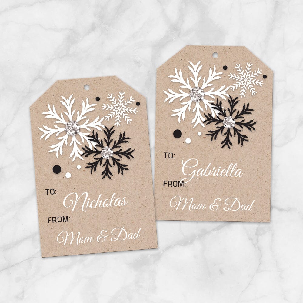 Printable Kraft design Black and White Christmas Gift Tags at Printable Planning. Example of 2 gift tags.