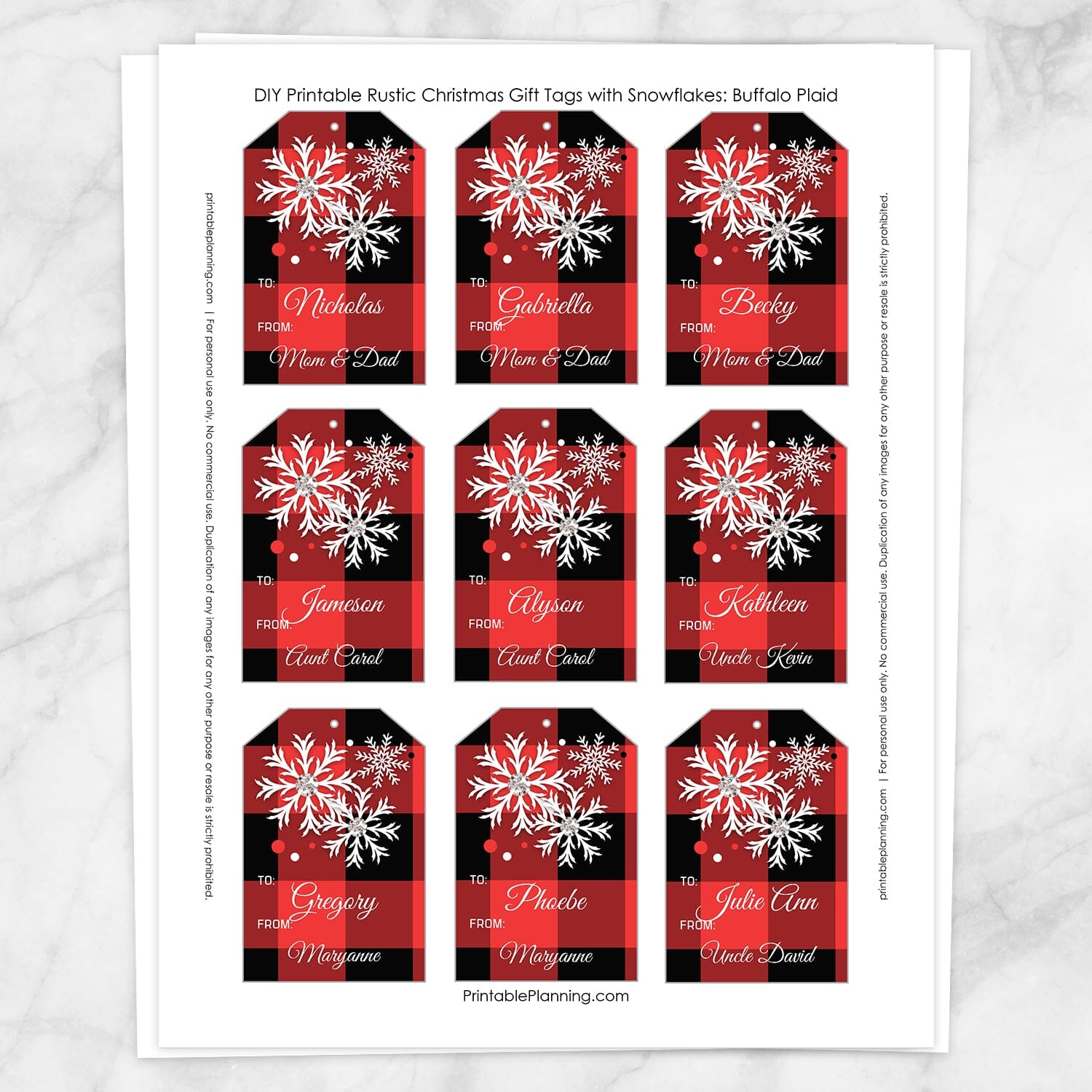 Printable Personalized Red Buffalo Plaid Gift Tags at Printable Planning. Sheet of 9 gift tags.
