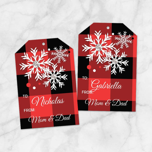 Printable Personalized Red Buffalo Plaid Gift Tags at Printable Planning. Example of 2 gift tags.
