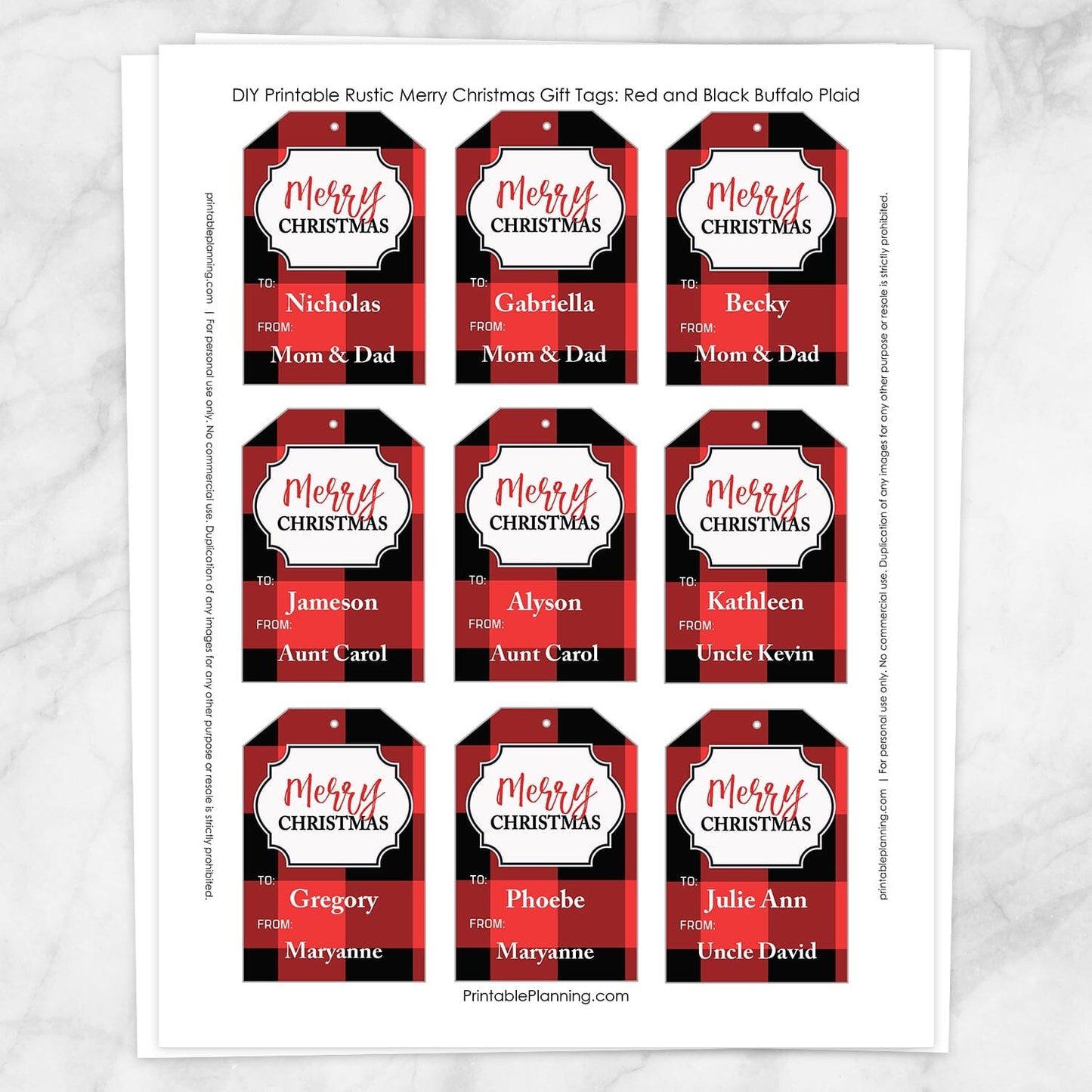 Printable Personalized Red Buffalo Plaid Merry Christmas Gift Tags at Printable Planning. Sheet of 9 gift tags,