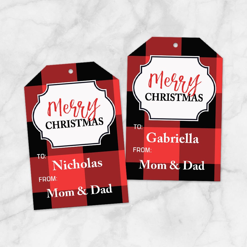 Printable Personalized Red Buffalo Plaid Merry Christmas Gift Tags at Printable Planning. Example of 2 gift tags.