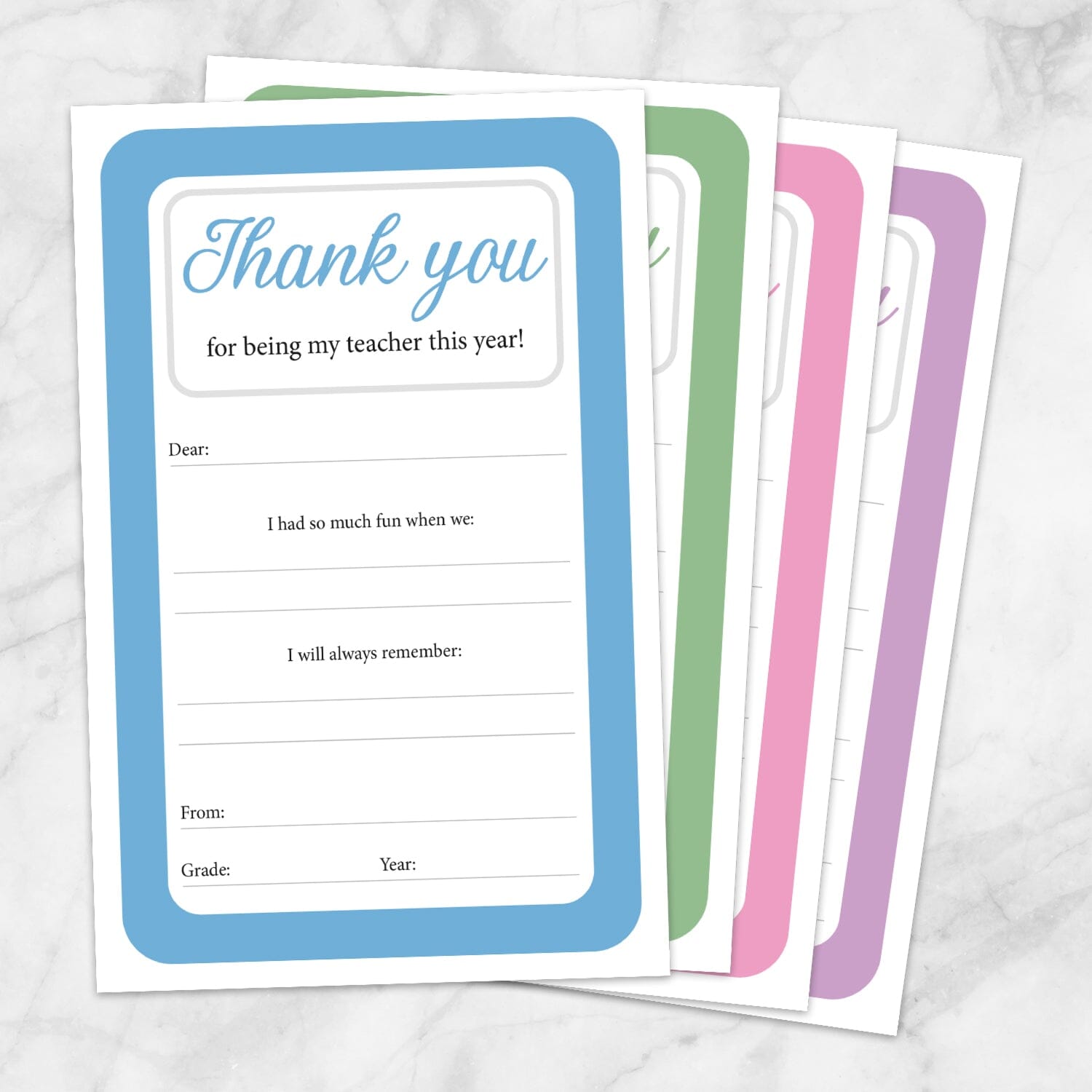 Printable Teacher Thank You Notes - 2 Per Page, BUNDLE in 4 Colors at Printable Planning. Example of the 4 different thank you notes.