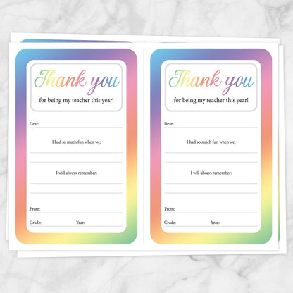Printable Colorful Teacher Thank You Notes at Printable Planning. Sheet of 2 thank you notes.