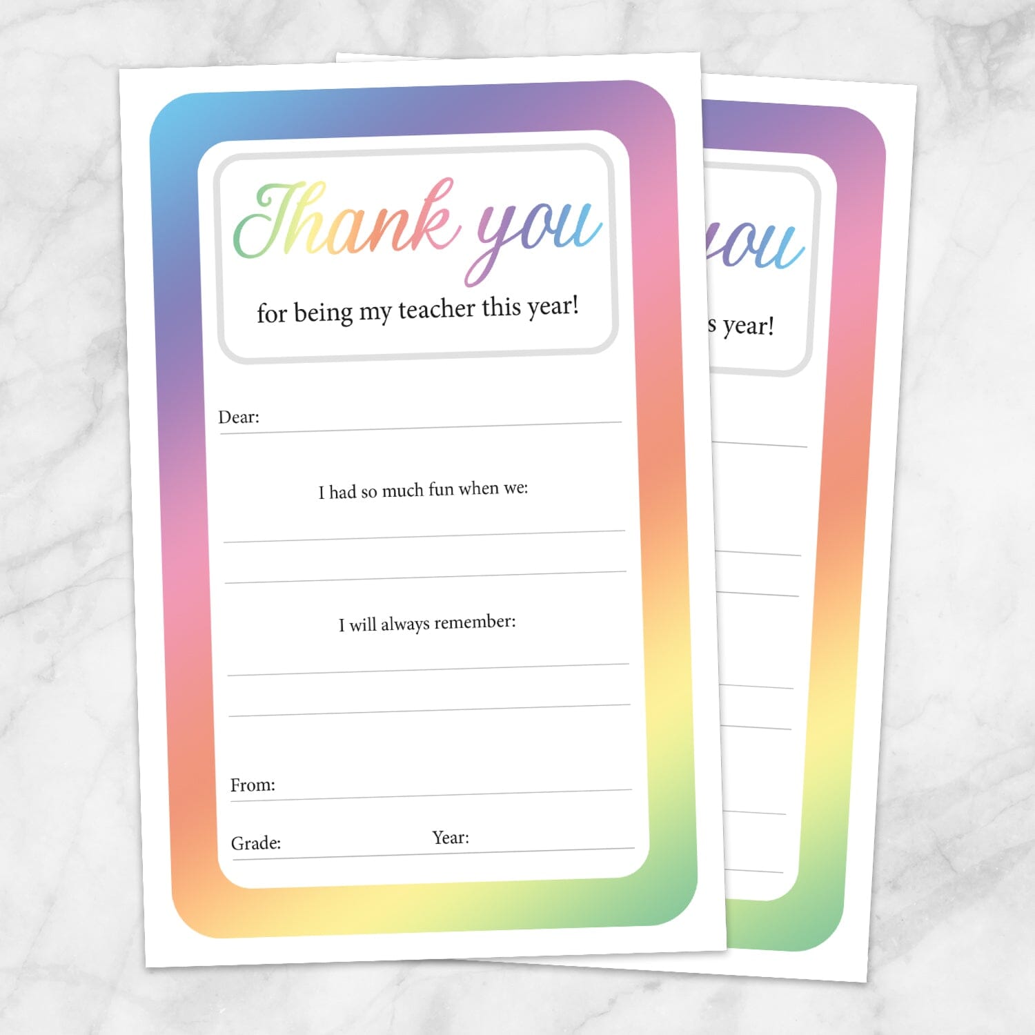 Printable Colorful Teacher Thank You Notes at Printable Planning. Example of 2 thank you notes.