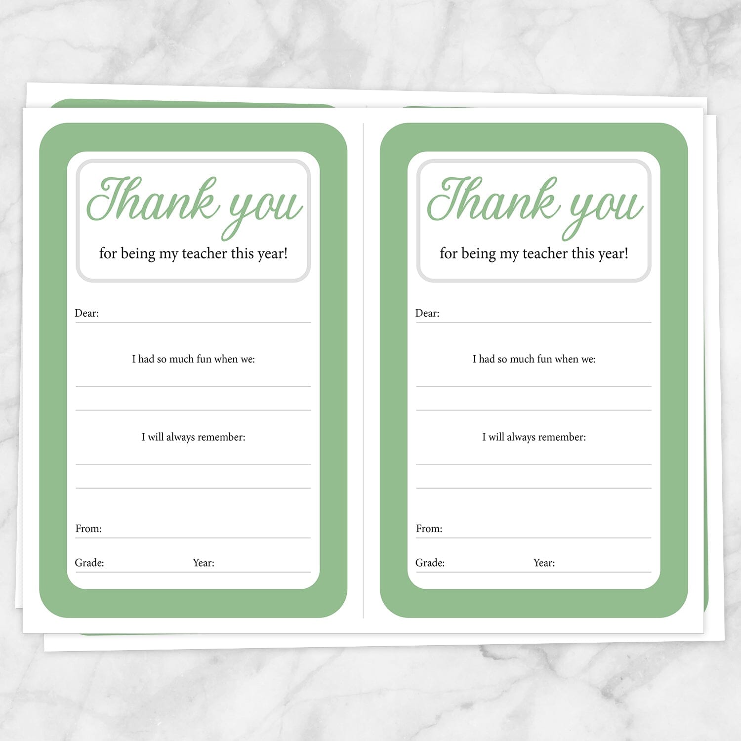 Printable Teacher Thank You Notes in green at Printable Planning. Sheets of 2 thank you notes per page.
