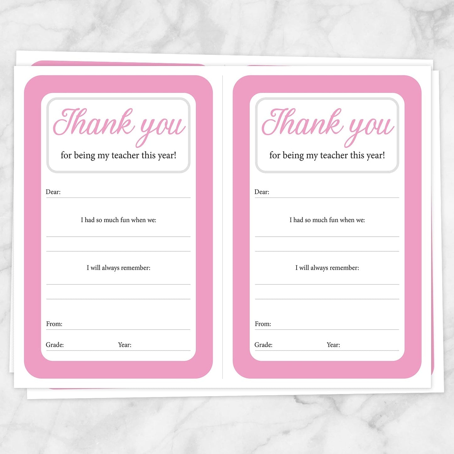 Printable Teacher Thank You Notes in pink at Printable Planning. Sheets of 2 thank you notes per page.